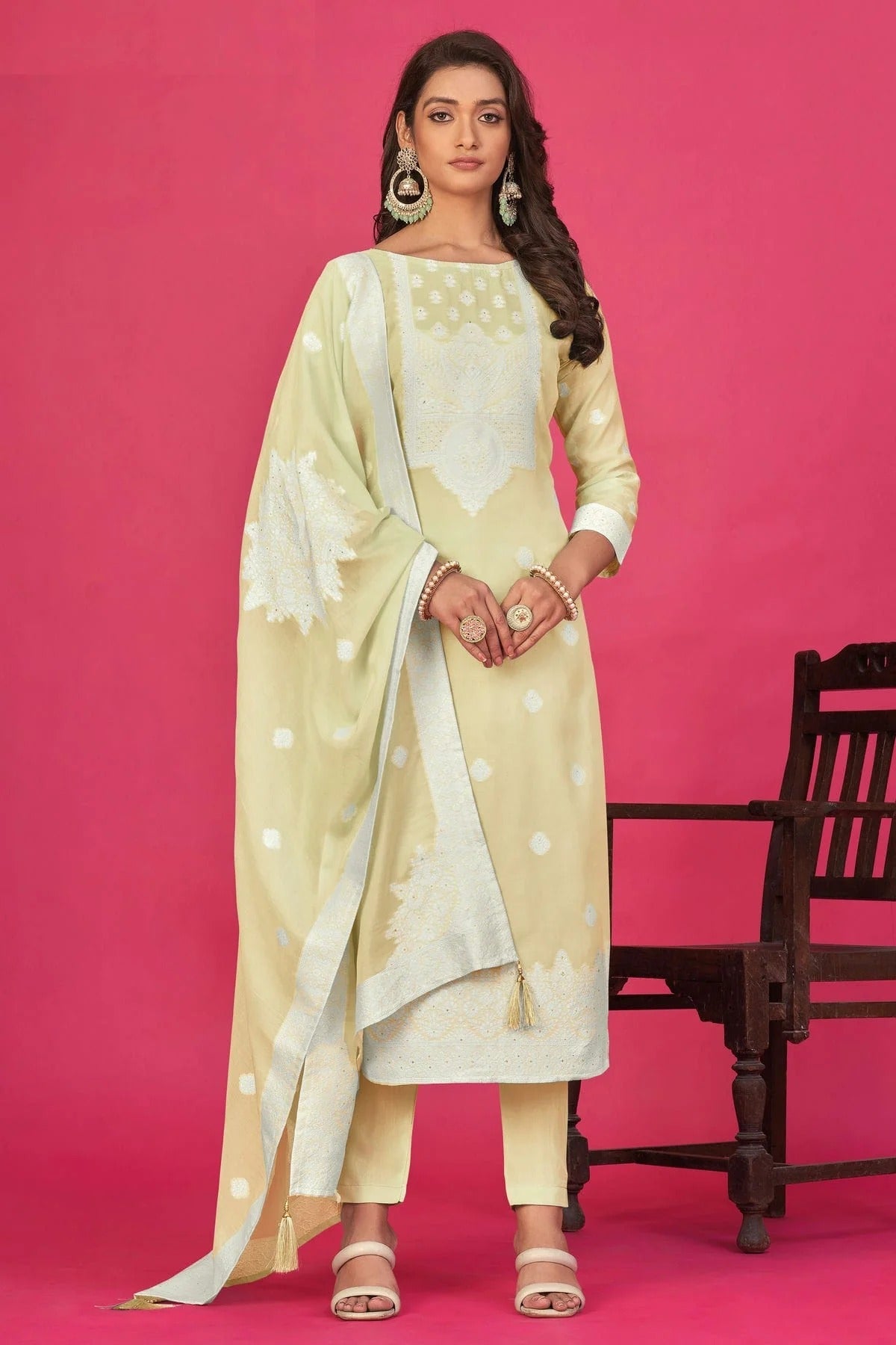 Beige Colour Semi Stitched Jacquard Straight Suit SM1140194