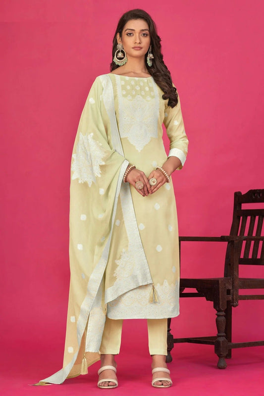 Beige Colour Semi Stitched Jacquard Straight Suit SM1140194