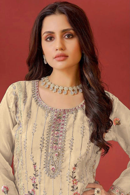Beige Colour Semi Stitched Organza Pakistani Suit SM1140171 A