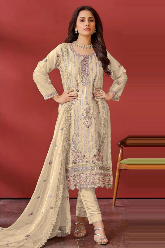 Beige Colour Semi Stitched Organza Pakistani Suit SM1140171