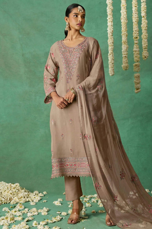 Beige Colour Semi Stitched Organza Pant Style Suit SM1112791