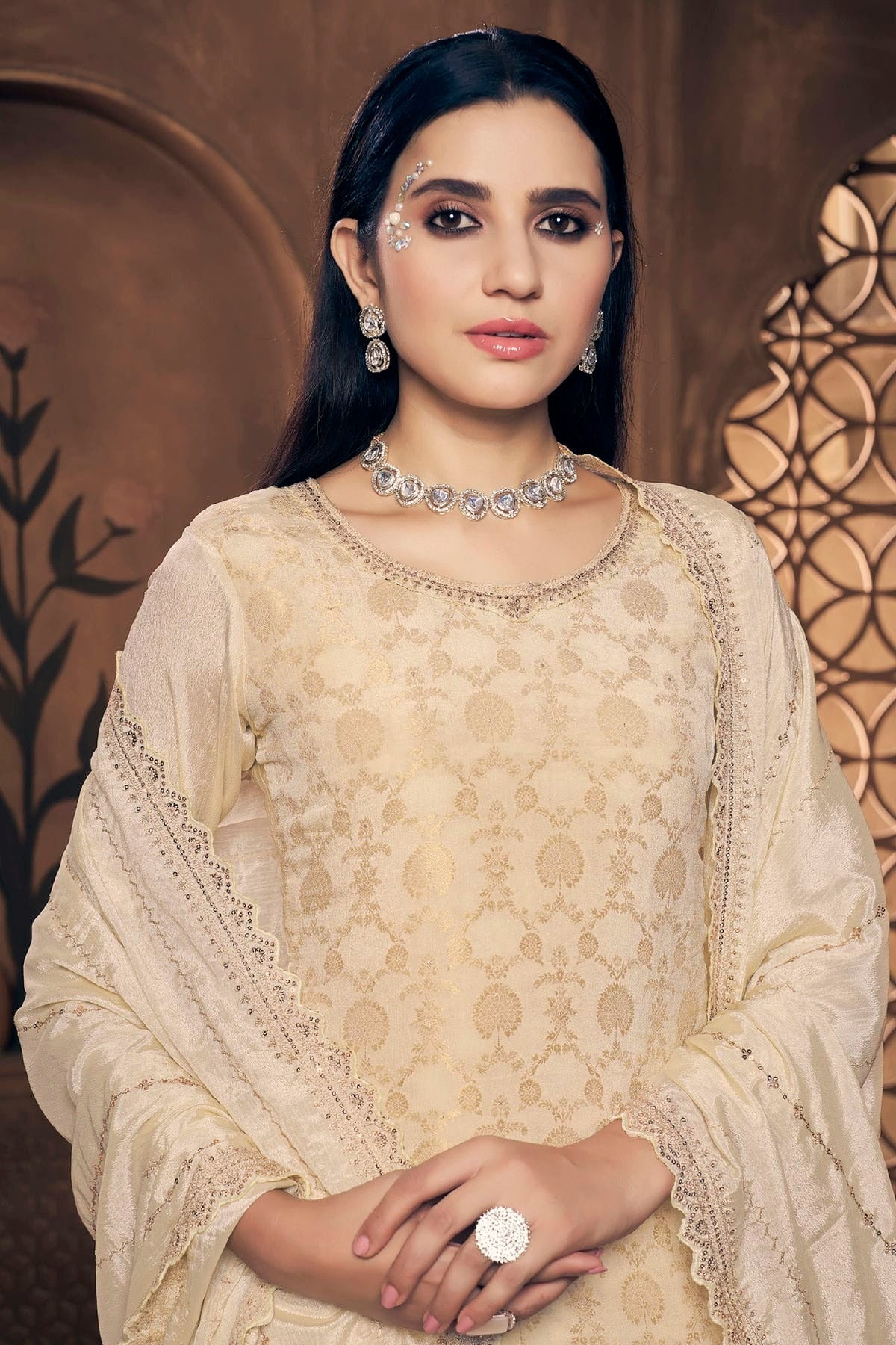 Beige Colour Semi Stitched Viscose Chinon Palazzo Pant Suit SM1140289 A