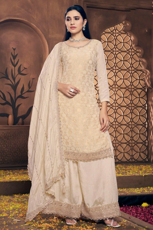 Beige Colour Semi Stitched Viscose Chinon Palazzo Pant Suit SM1140289