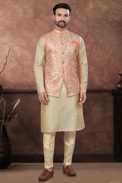 Beige Colour Silk Dupion Jacket Kurta Pajama KP1040654