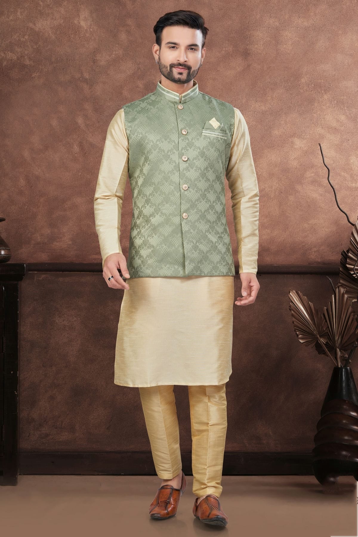 Beige Colour Silk Dupion Jacket Kurta Pajama KP1040655