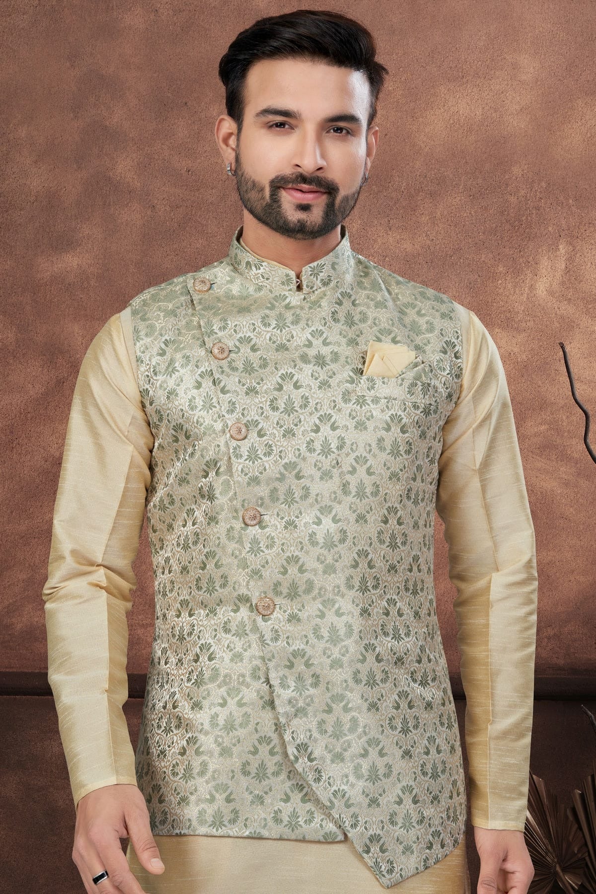 Beige Colour Silk Dupion Jacket Kurta Pajama KP1040656 A