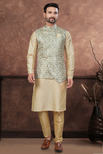 Beige Colour Silk Dupion Jacket Kurta Pajama KP1040656