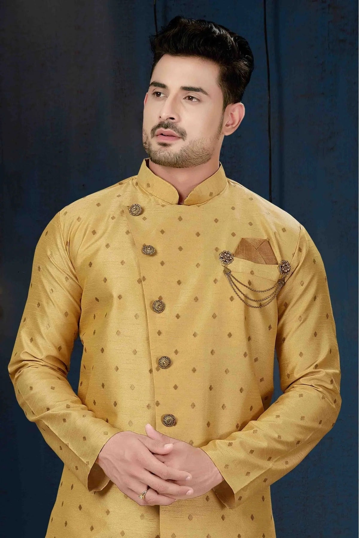Beige Colour Silk Party Wear Indo Western Sherwani SH1040232 A