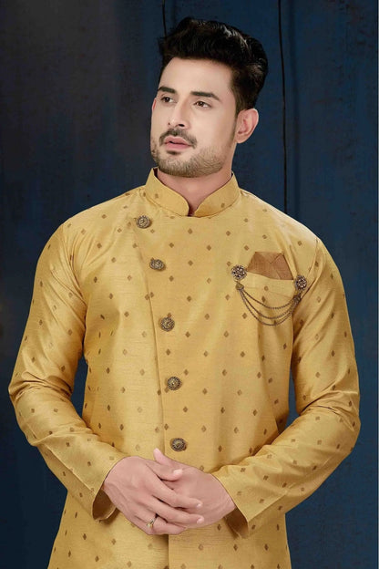 Beige Colour Silk Party Wear Indo Western Sherwani SH1040232 A