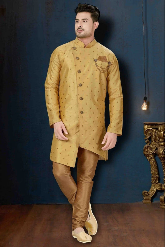 Beige Colour Silk Party Wear Indo Western Sherwani SH1040232