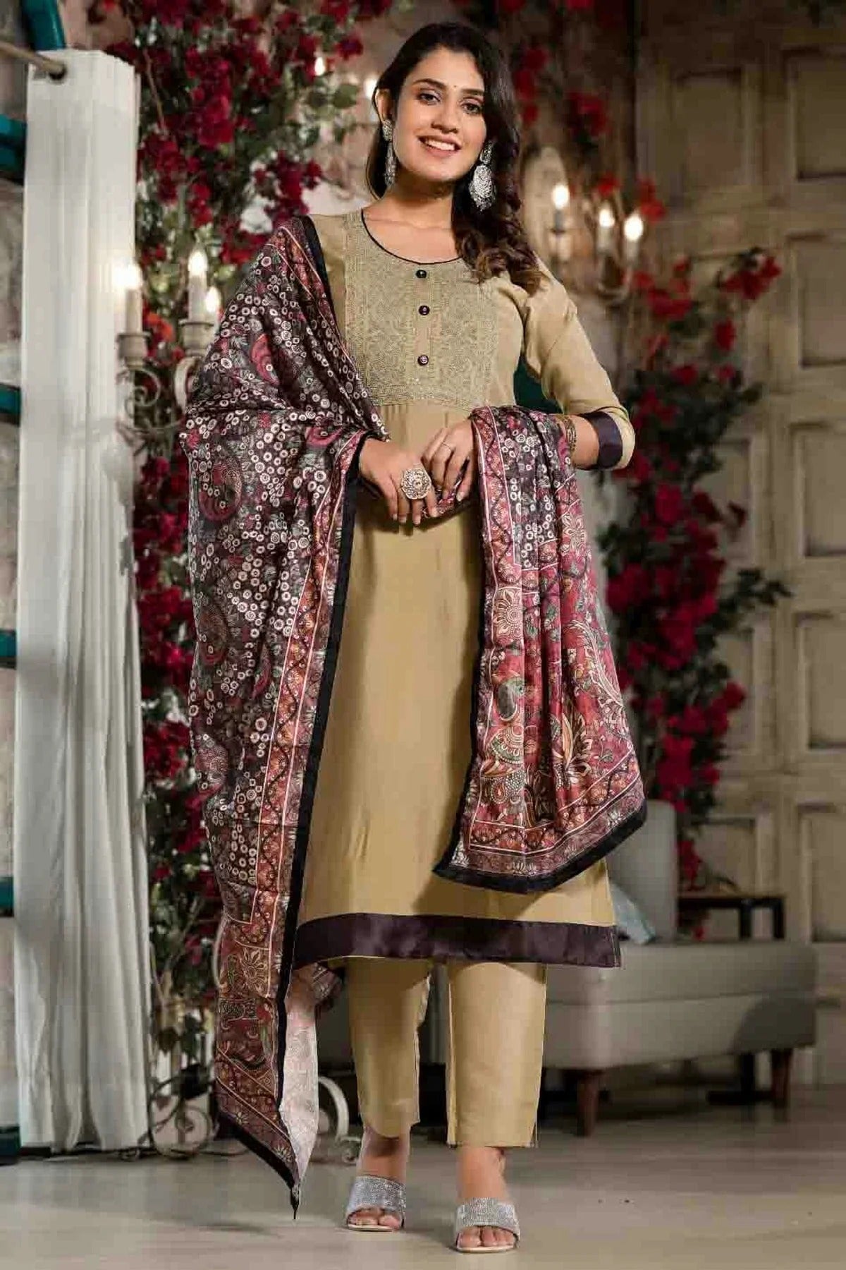 Beige Colour Silk Stitched Pant Style Suit SS1140736