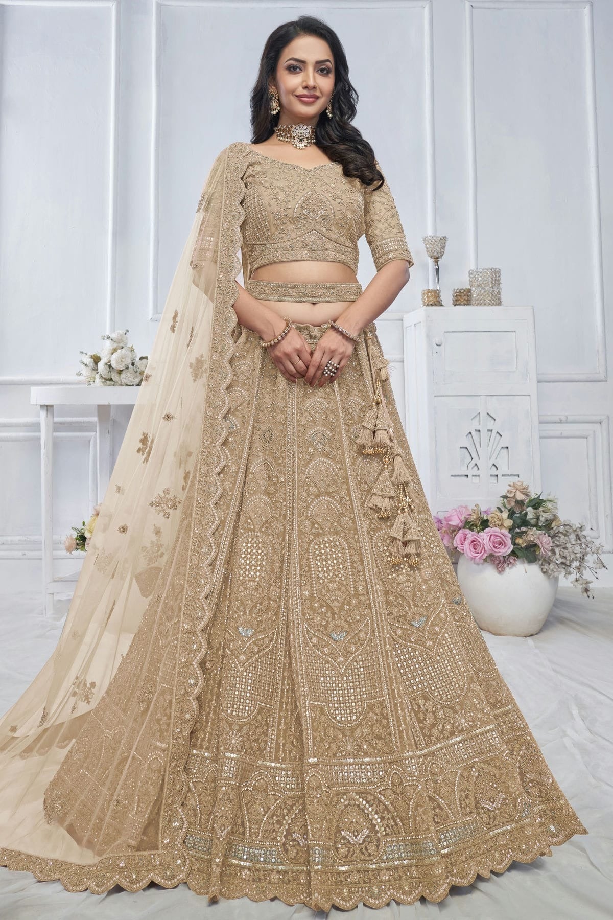 Beige Colour Soft Net Embroidery Lehenga Choli LC1111373