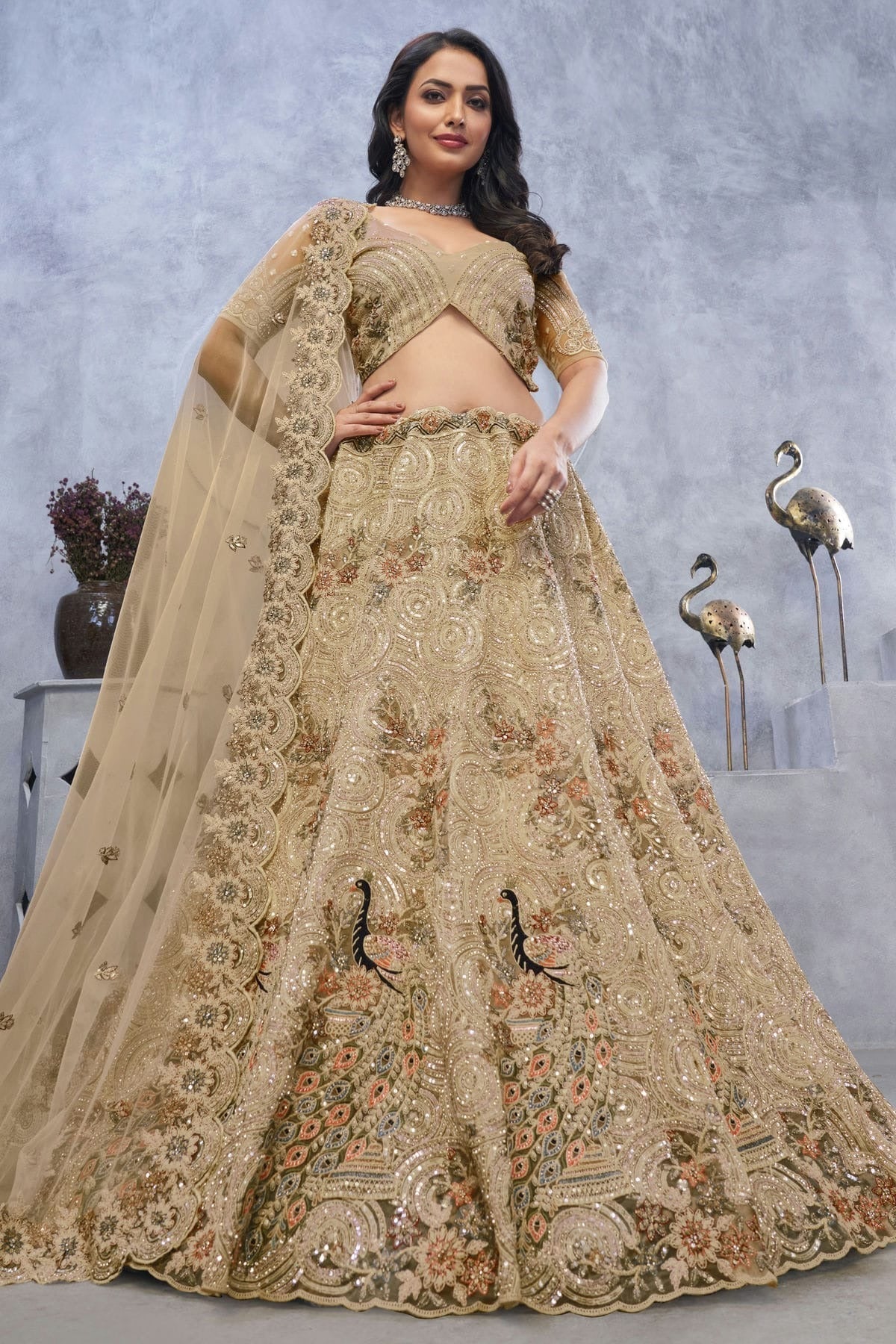 Beige Colour Soft Net Embroidery Lehenga Choli LC1111376