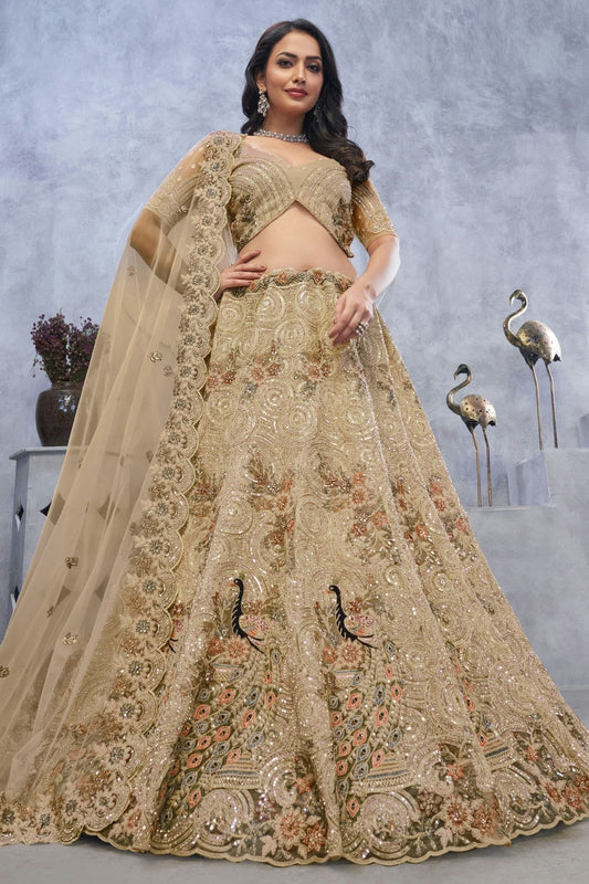 Beige Colour Soft Net Embroidery Lehenga Choli LC1111376