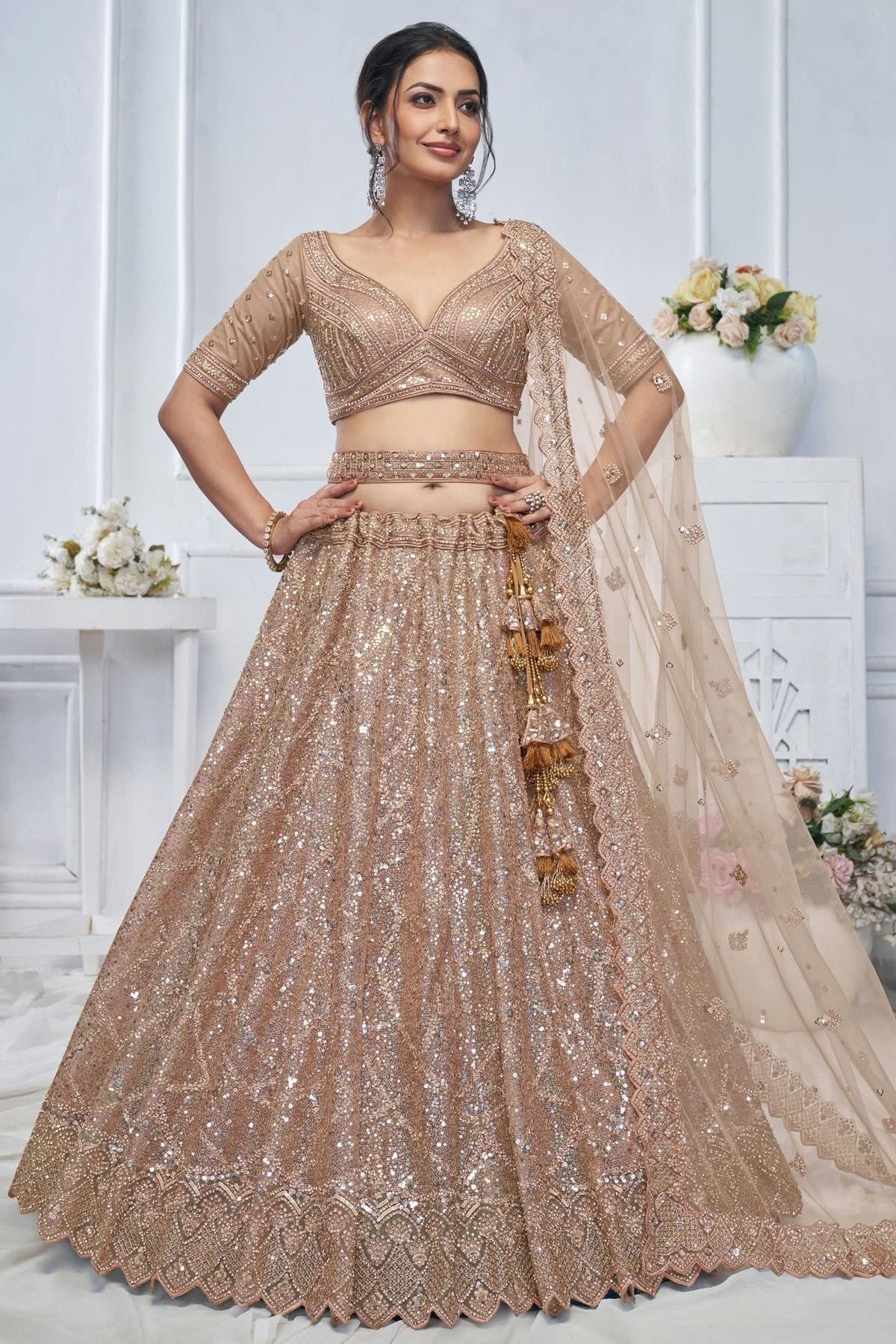 Beige Colour Soft Net Embroidery Lehenga Choli LC1111380