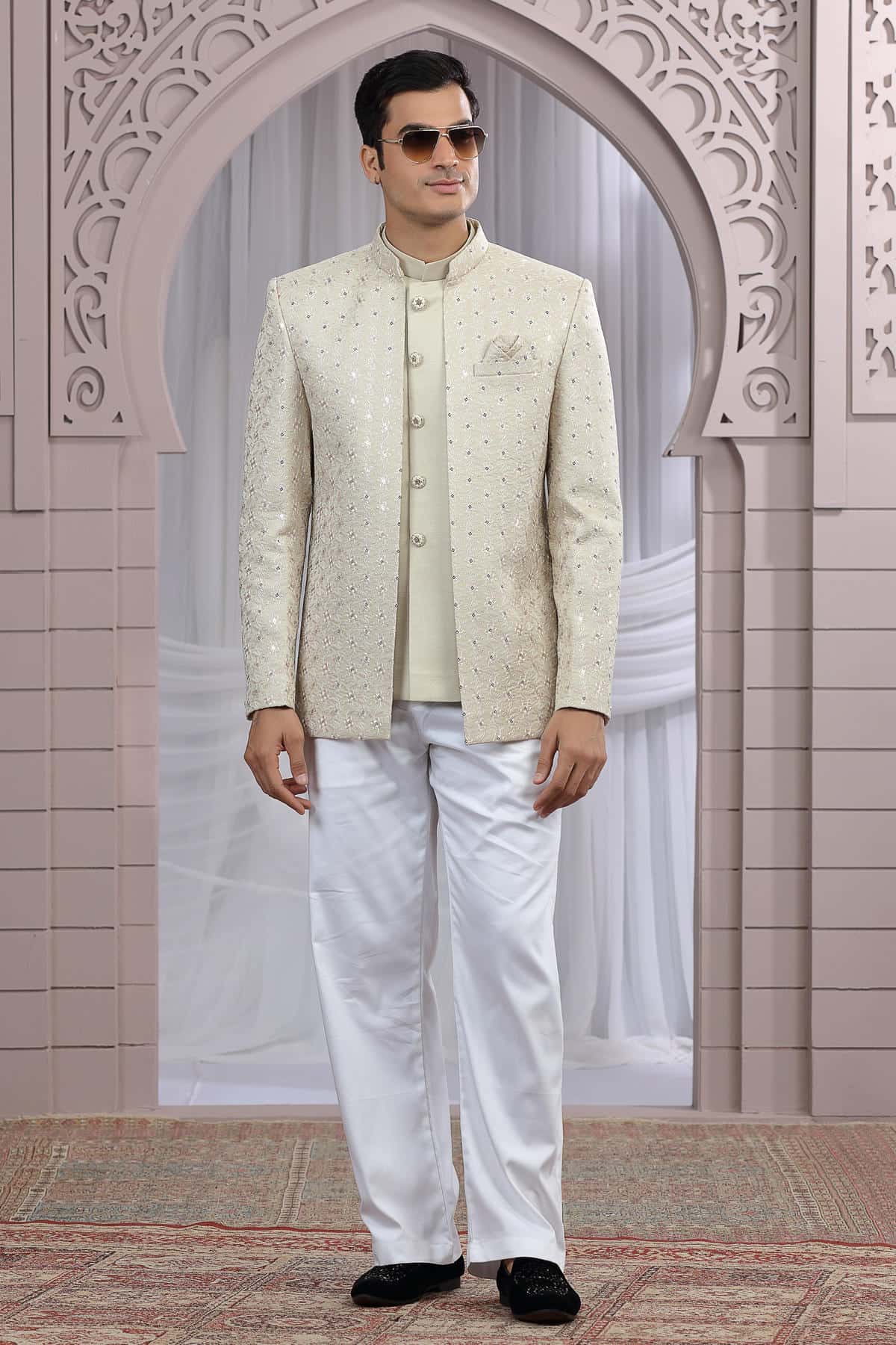 Beige Colour Thread Work Embroidery Art Silk 3 Pcs Jacket Jodhpuri