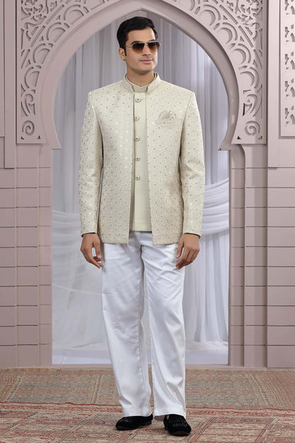 Beige Colour Thread Work Embroidery Art Silk 3 Pcs Jacket Jodhpuri