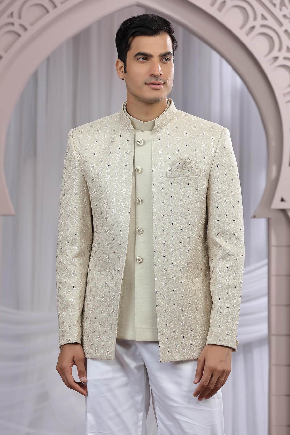 Beige Colour Thread Work Embroidery Art Silk 3 Pcs Jacket Jodhpuri