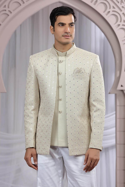 Beige Colour Thread Work Embroidery Art Silk 3 Pcs Jacket Jodhpuri