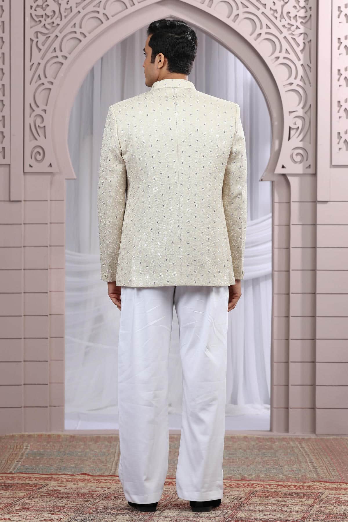 Beige Colour Thread Work Embroidery Art Silk 3 Pcs Jacket Jodhpuri