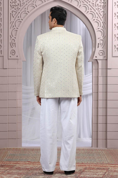 Beige Colour Thread Work Embroidery Art Silk 3 Pcs Jacket Jodhpuri
