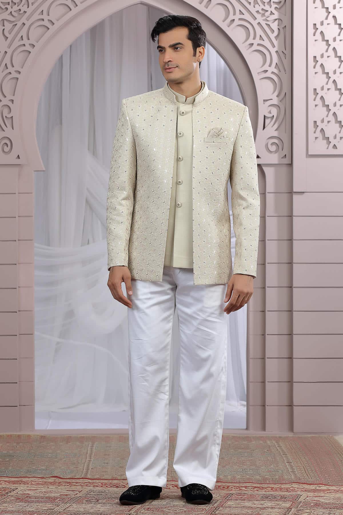 Beige Colour Thread Work Embroidery Art Silk 3 Pcs Jacket Jodhpuri