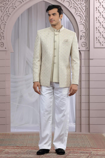 Beige Colour Thread Work Embroidery Art Silk 3 Pcs Jacket Jodhpuri