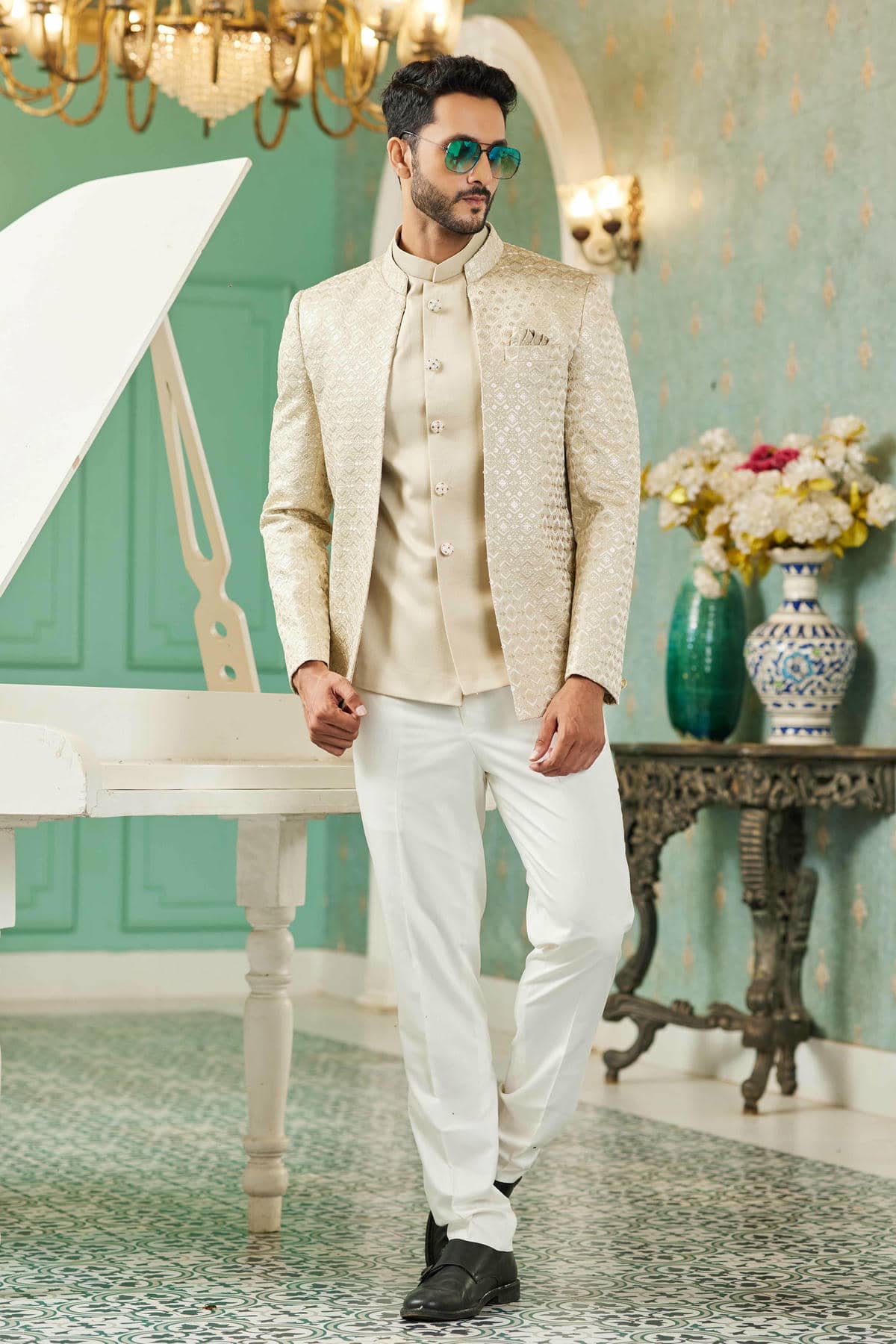 Beige Colour Thread Work Embroidery Art Silk 3 Pcs Jodhpuri Set JP1230625