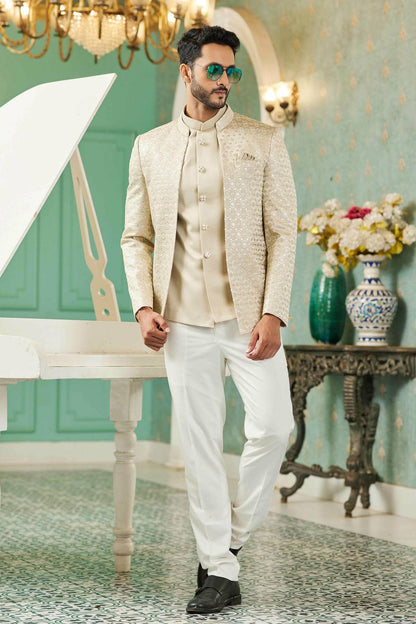 Beige Colour Thread Work Embroidery Art Silk 3 Pcs Jodhpuri Set JP1230625