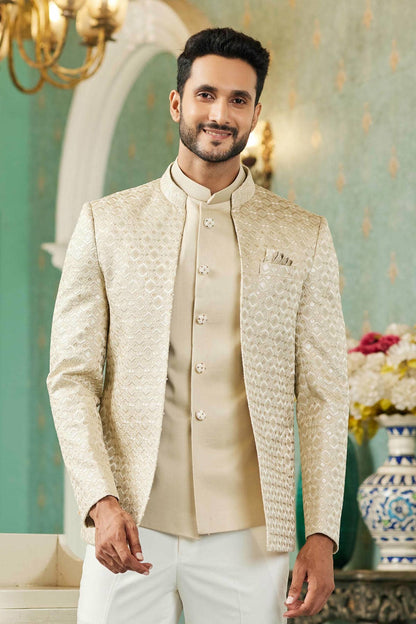 Beige Colour Thread Work Embroidery Art Silk 3 Pcs Jodhpuri Set JP1230625
