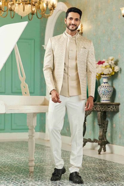 Beige Colour Thread Work Embroidery Art Silk 3 Pcs Jodhpuri Set JP1230625