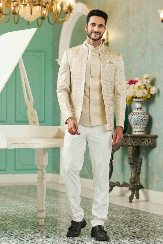 Beige Colour Thread Work Embroidery Art Silk 3 Pcs Jodhpuri Set JP1230625
