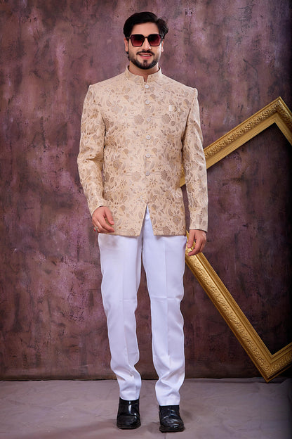 Beige Colour Thread Work Embroidery Imported Fabric Jodhpuri
