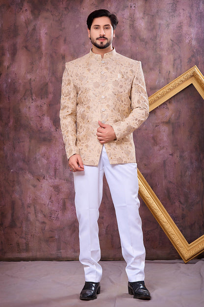 Beige Colour Thread Work Embroidery Imported Fabric Jodhpuri