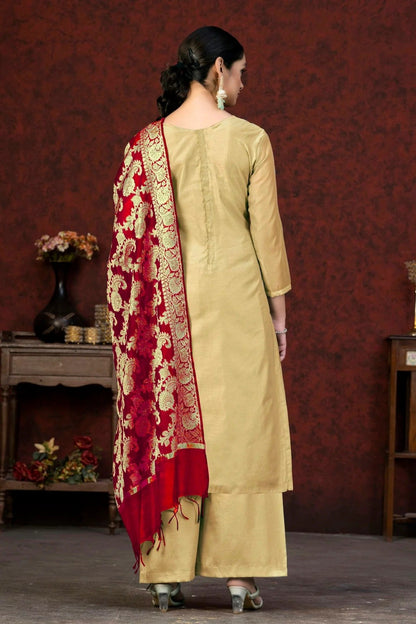 Beige Colour Unstitched Banarasi Jacquard Palazoo Pant Suit US1161380 A
