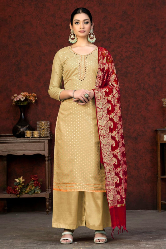 Beige Colour Unstitched Banarasi Jacquard Palazoo Pant Suit US1161380