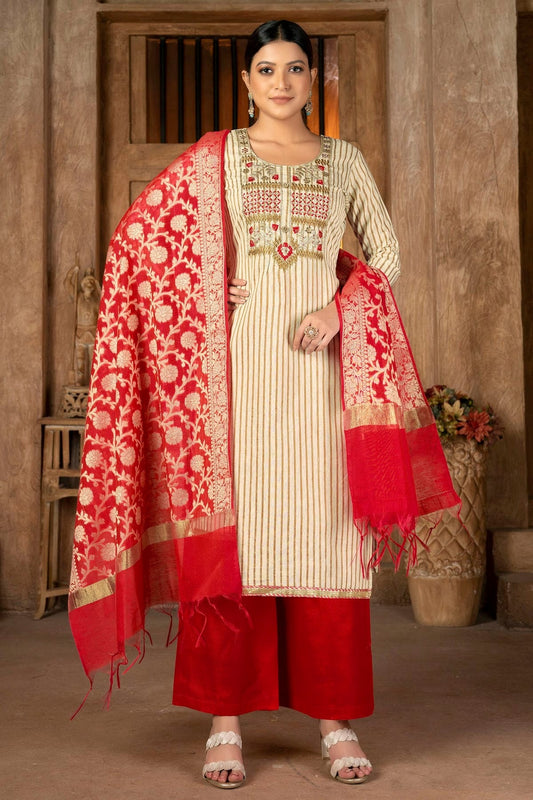 Beige Colour Unstitched Cambric  Cotton Palazoo Pant Suit US1161290