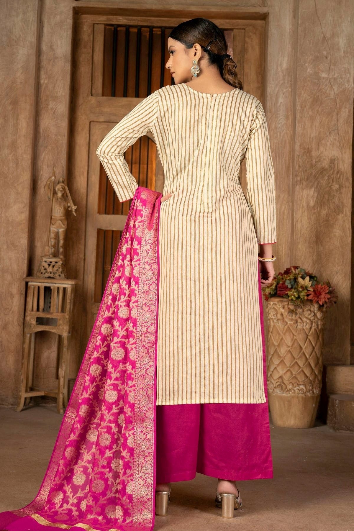 Beige Colour Unstitched Cambric  Cotton Palazoo Pant Suit US1161293 A