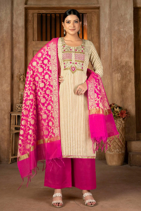 Beige Colour Unstitched Cambric  Cotton Palazoo Pant Suit US1161293