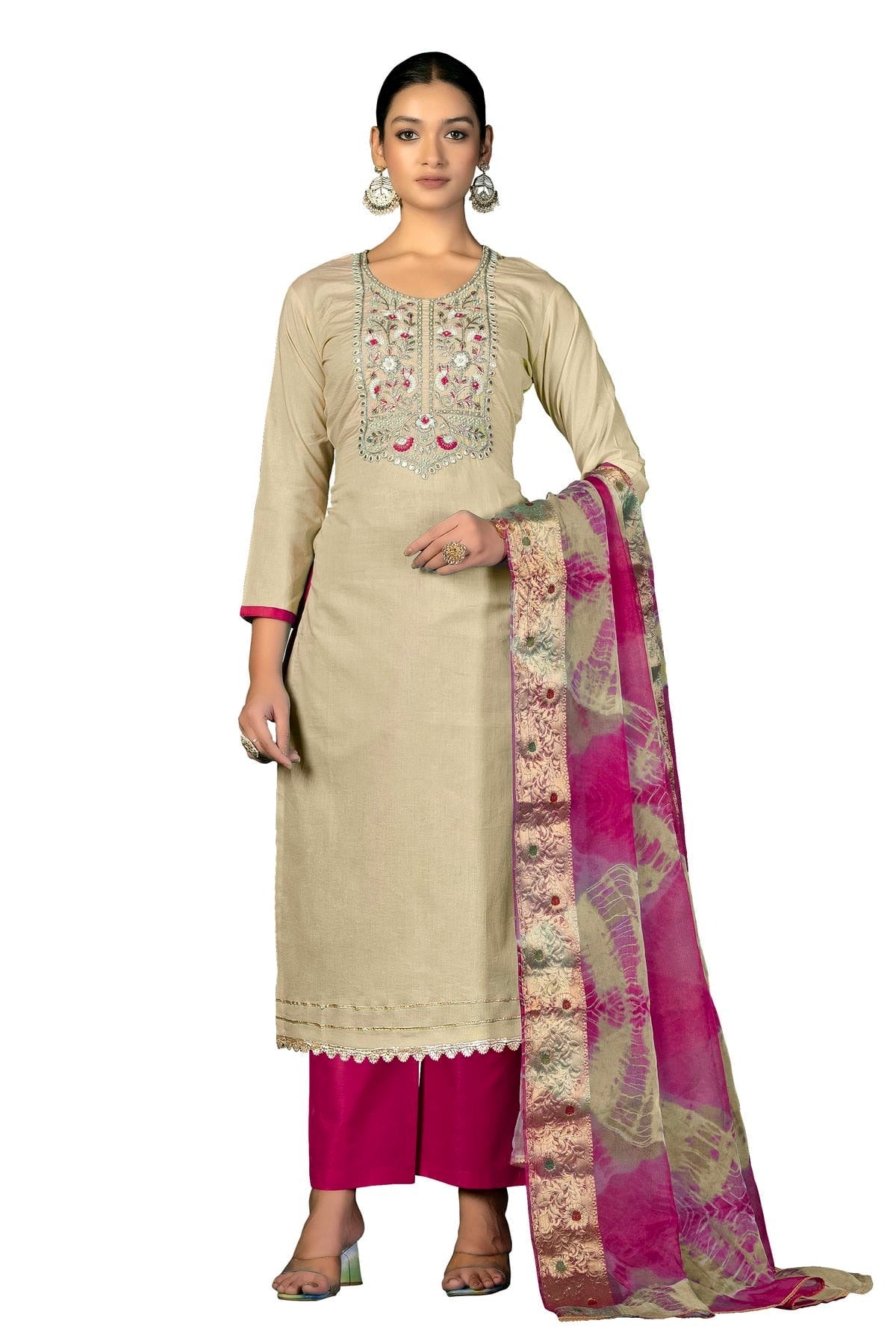 Beige Colour Unstitched Cambric Cotton Fabric Straight Suit US1161021