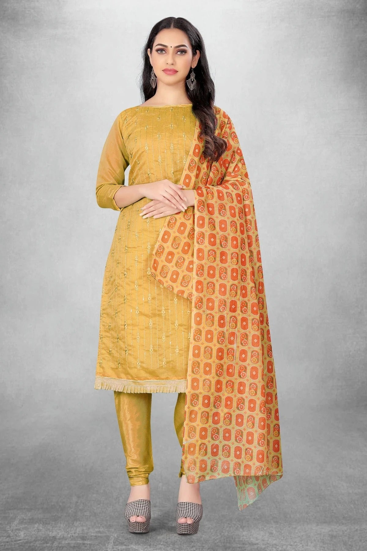 Beige Colour Unstitched Chanderi Churidar Suit US1160822