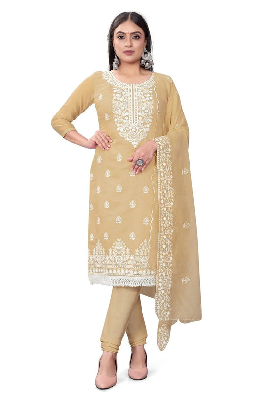 Beige Colour Unstitched Chanderi Cotton Churidar Suit US1160689
