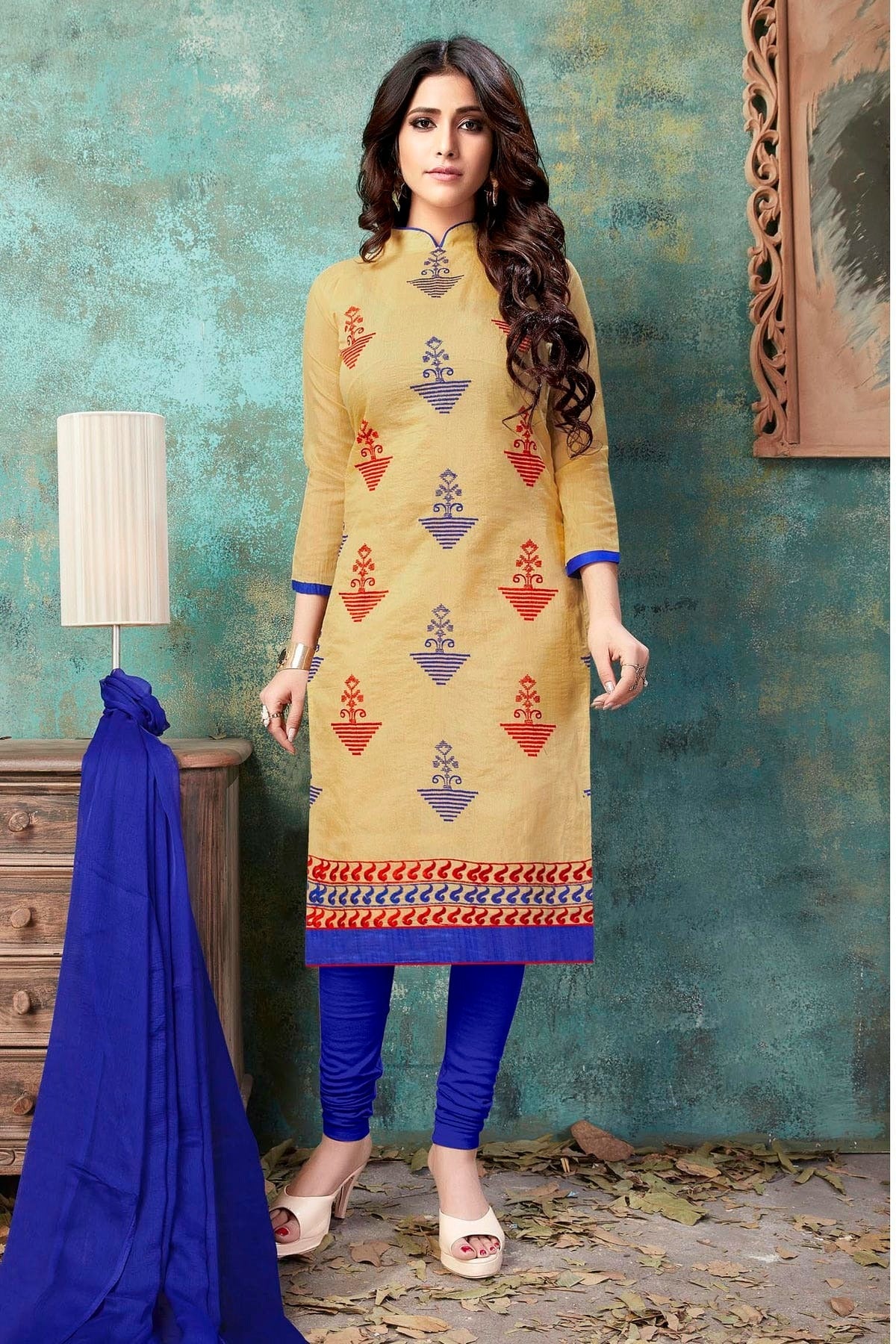 Beige Colour Unstitched Chanderi Cotton Straight Suit US1161196