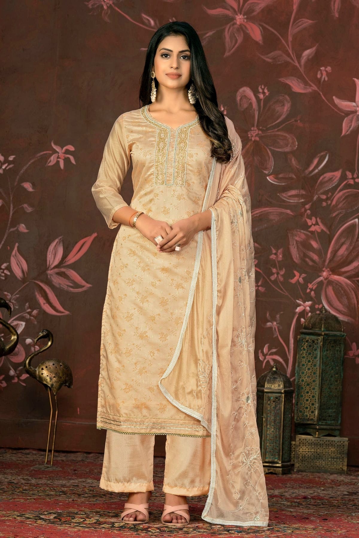 Beige Colour Unstitched Cotton Jacquard Straight Suit US1161262