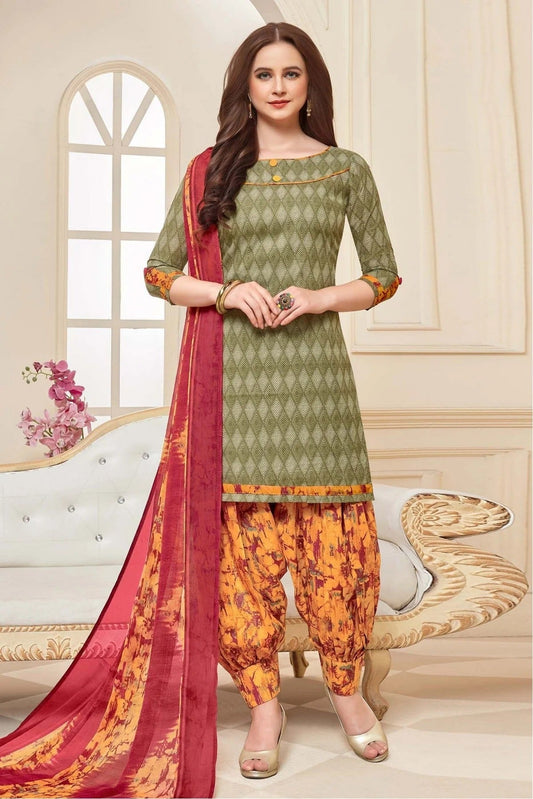 Beige Colour Unstitched Cotton Printed Patiala Suit US1160102