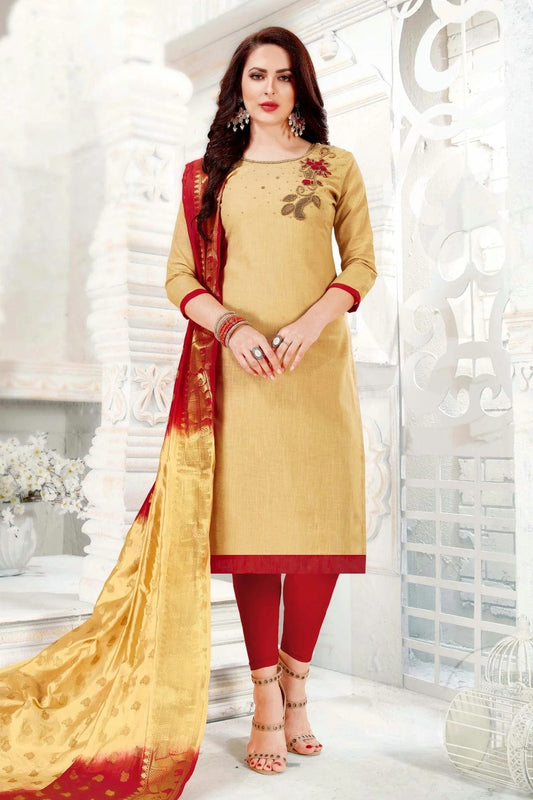 Beige Colour Unstitched Cotton South Slub Straight Suit US1161100