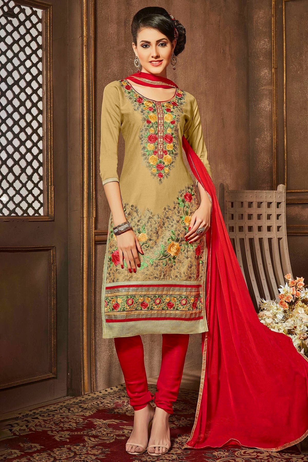 Beige Colour Unstitched Glaze Cotton Churidar Suit US1161185