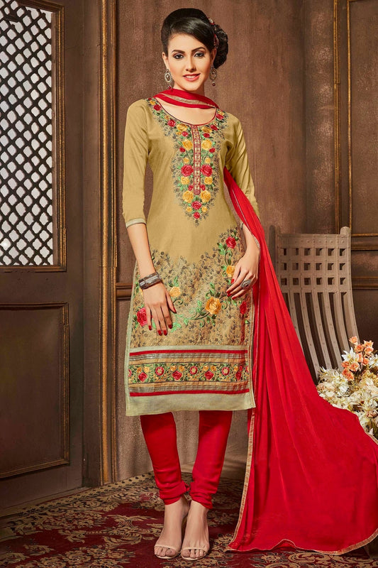 Beige Colour Unstitched Glaze Cotton Churidar Suit US1161185