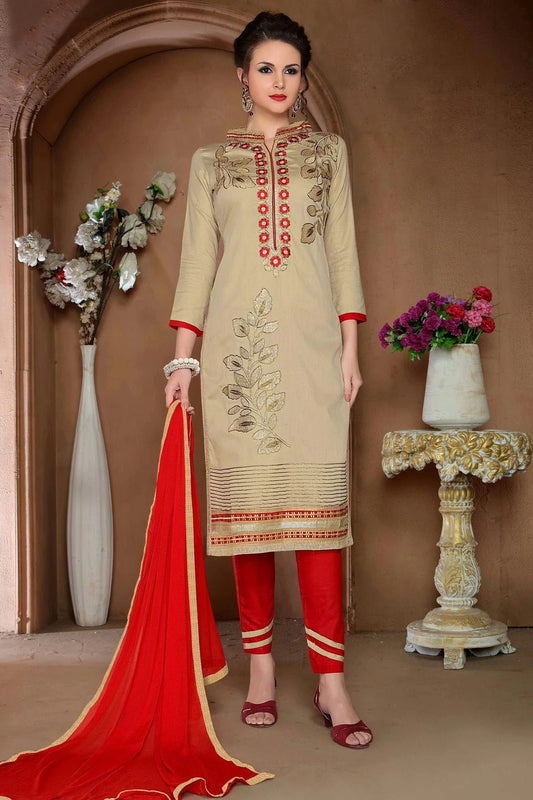 Beige Colour Unstitched Glaze Cotton Straight Suit US1161141