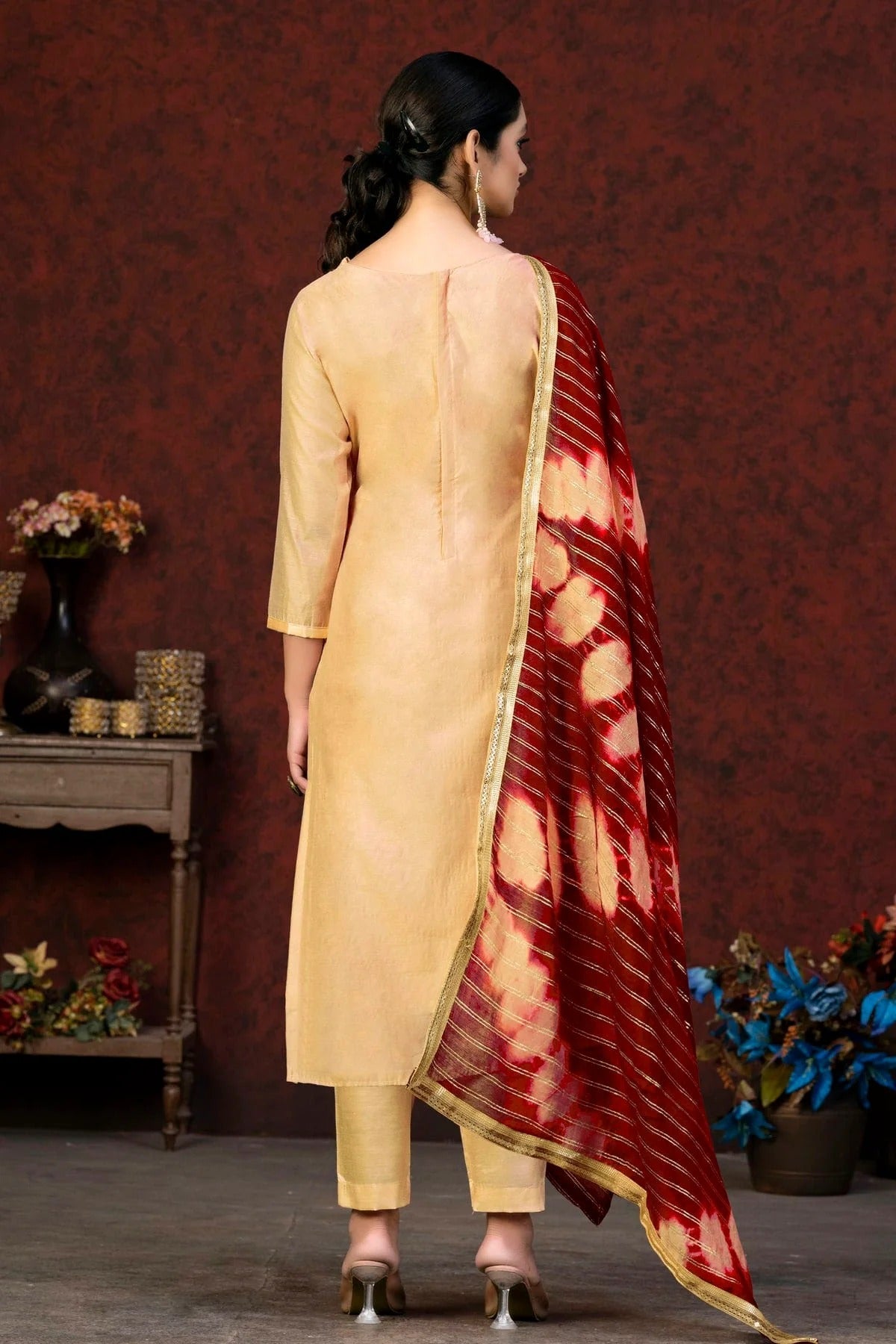 Beige Colour Unstitched Modal Chanderi Fabric Straight Suit US1160919 A